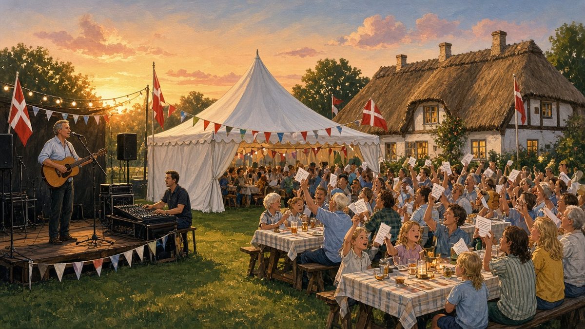 En entertainer med guitar optræder på en lille scene i et festtelt til en dansk byfest, mens folk synger med og vifter med sanghæfter