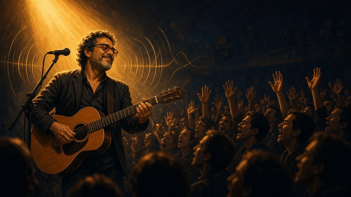 En musiker med mørke briller spiller guitar på en scene i varmt lys, mens publikum i salen synger med
